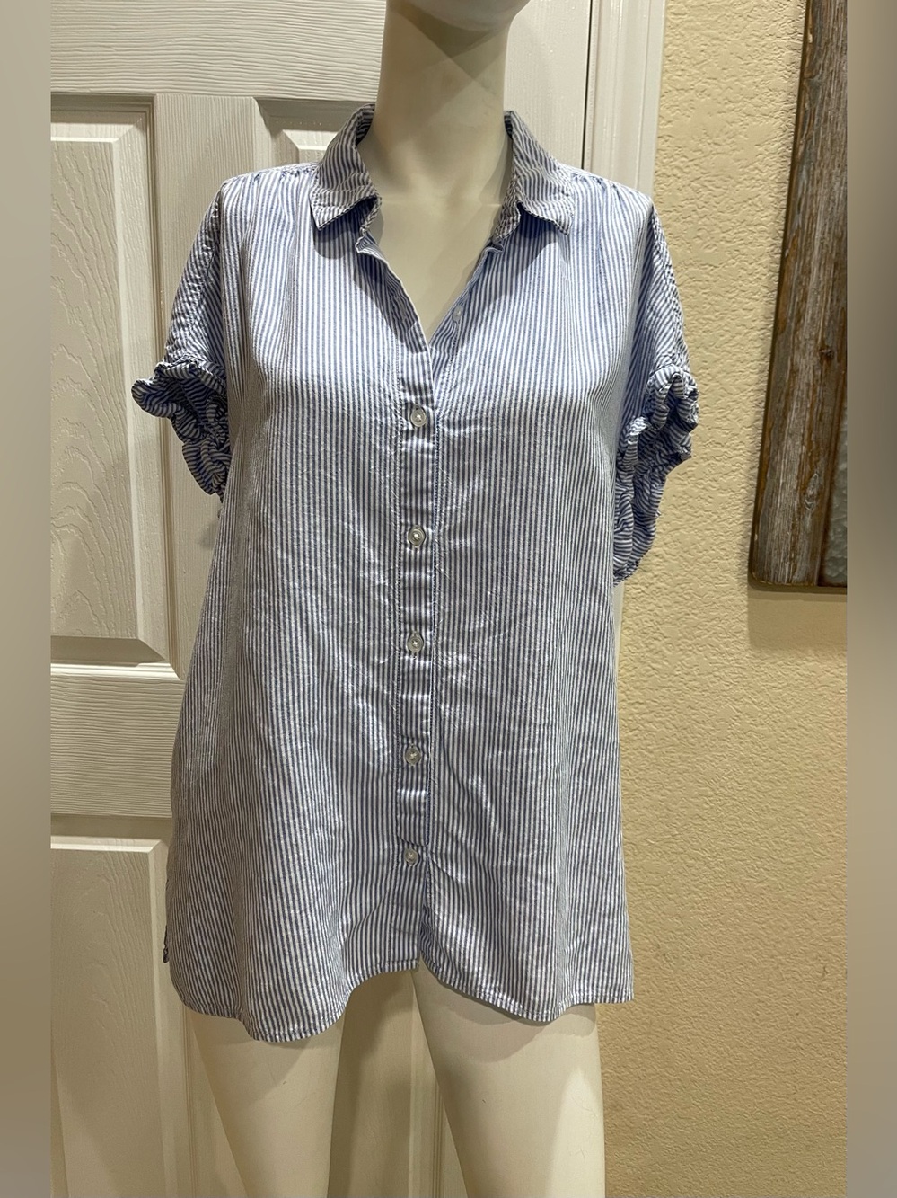 Lola River Blue White Stripe Ruffle Flutter Sleeve Button Down Blouse Size XLarg